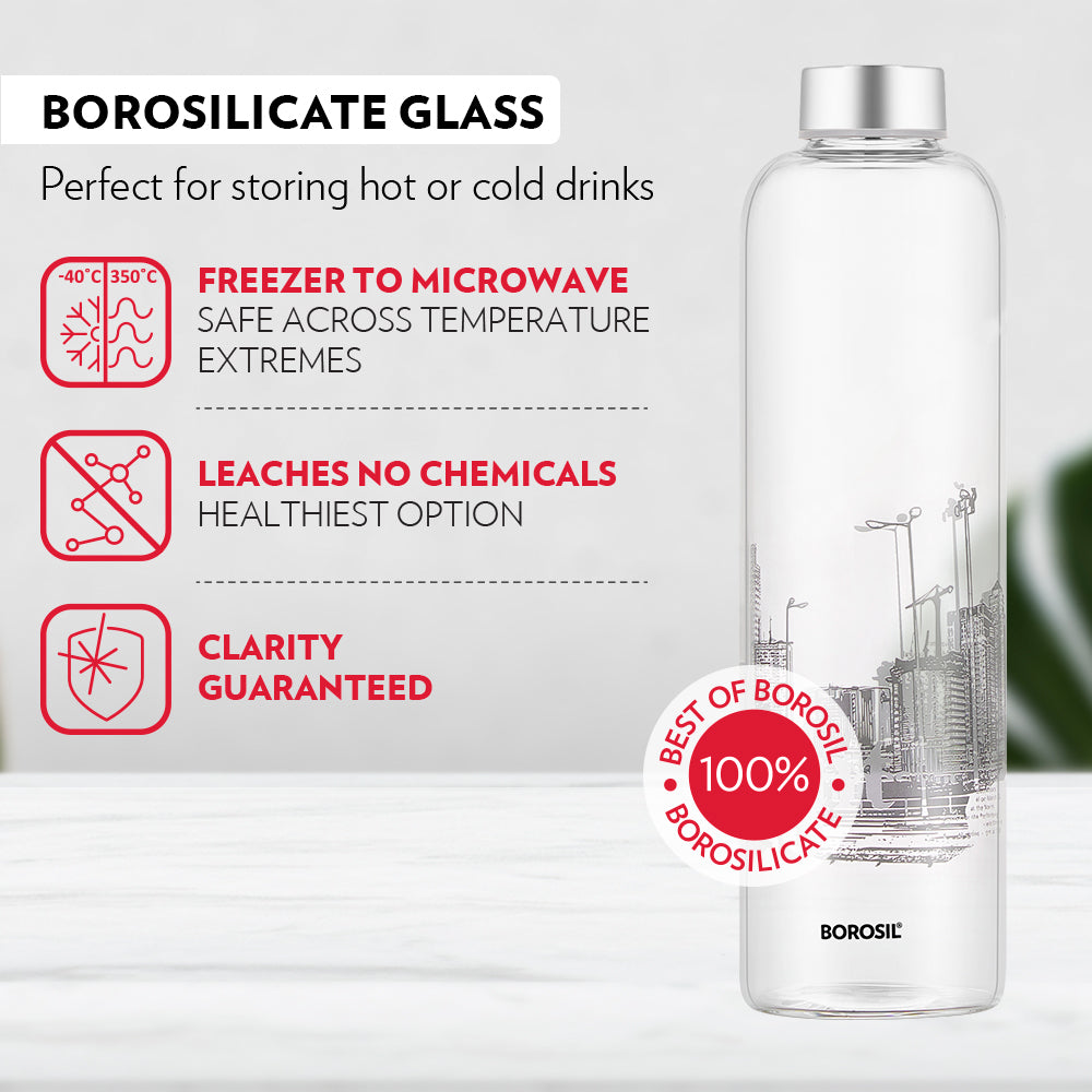 My Borosil Glass Water Bottles Roma Glass Bottle w Narrow Mouth, Silver Lid