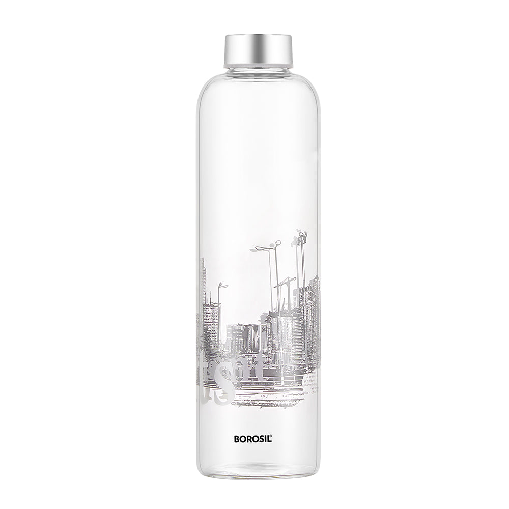 My Borosil Glass Water Bottles Roma Glass Bottle w Narrow Mouth, Silver Lid