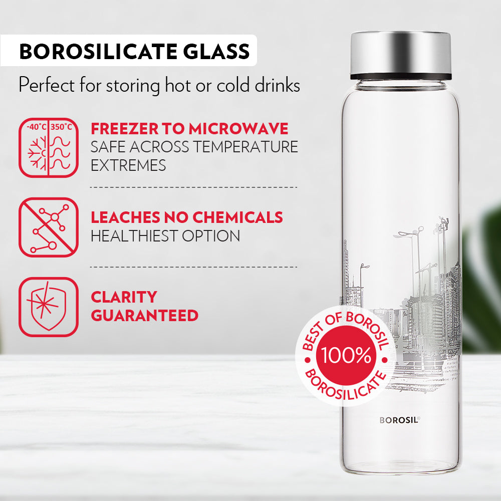 My Borosil Glass Water Bottles Roma Glass Bottle w Wide Mouth, Silver Lid