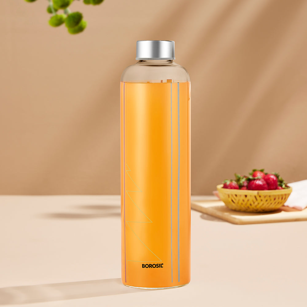 My Borosil Glass Water Bottles Sintra Glass Bottle w Narrow Mouth, Silver Lid