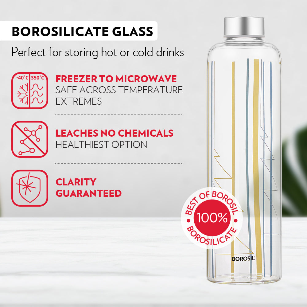 My Borosil Glass Water Bottles Sintra Glass Bottle w Narrow Mouth, Silver Lid