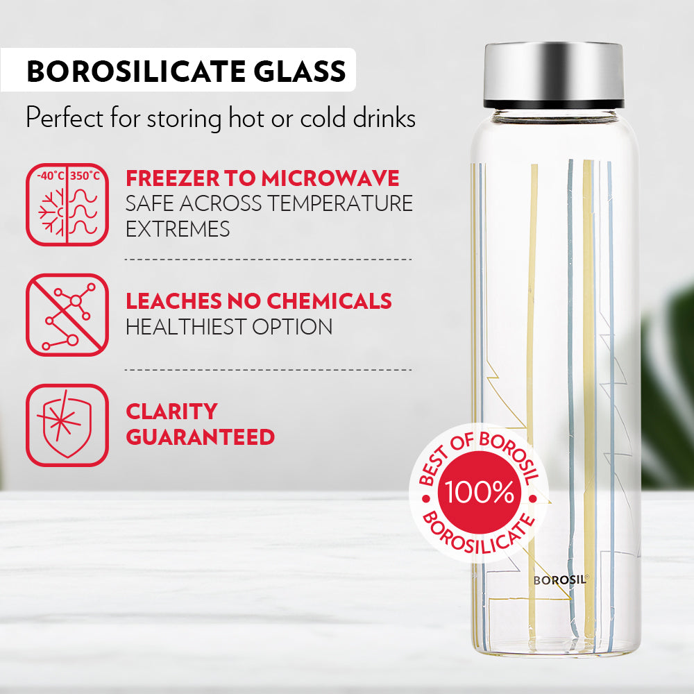 My Borosil Glass Water Bottles Sintra Glass Bottle w Wide Mouth, Silver Lid