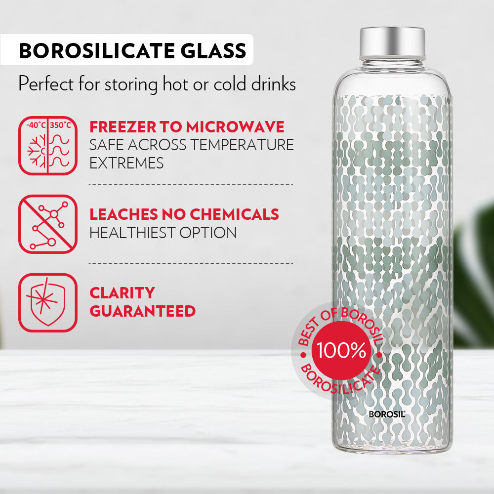 My Borosil Glass Water Bottles Vista Glass Bottle w Narrow Mouth, Silver Lid