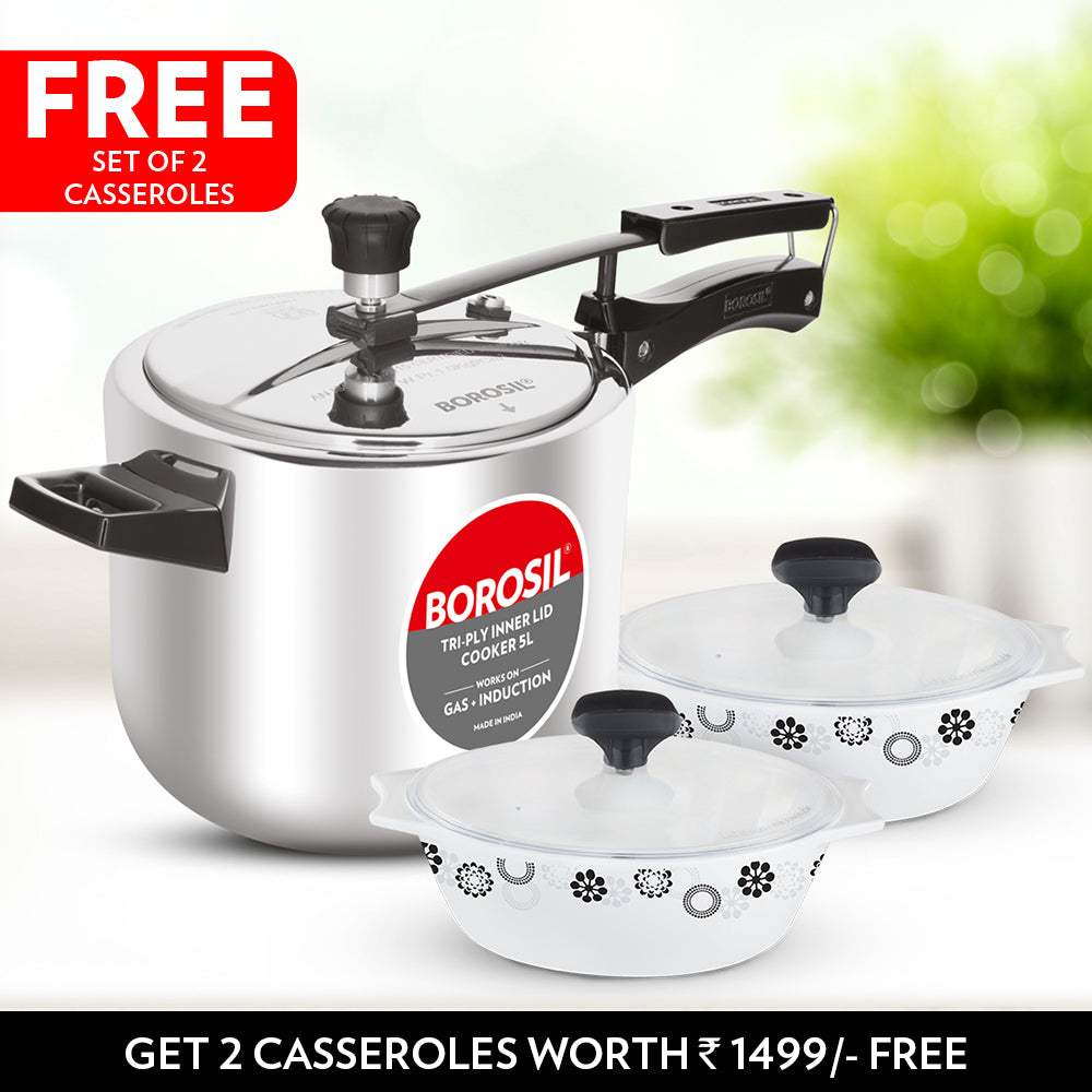 Borosil Kitchen Delight Set-Buy Inner Lid Pressure Cooker 5 L & Get 1 L x 2 Casseroles with Lid Free Worth ₹ 1,499/-