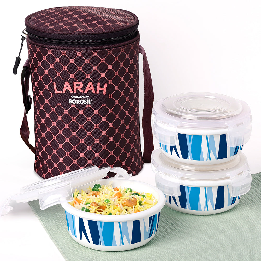 My Borosil Opal Lunchboxes 400 ml x 3 Larah by Borosil Geo Blue Lunchbox, Set of 3