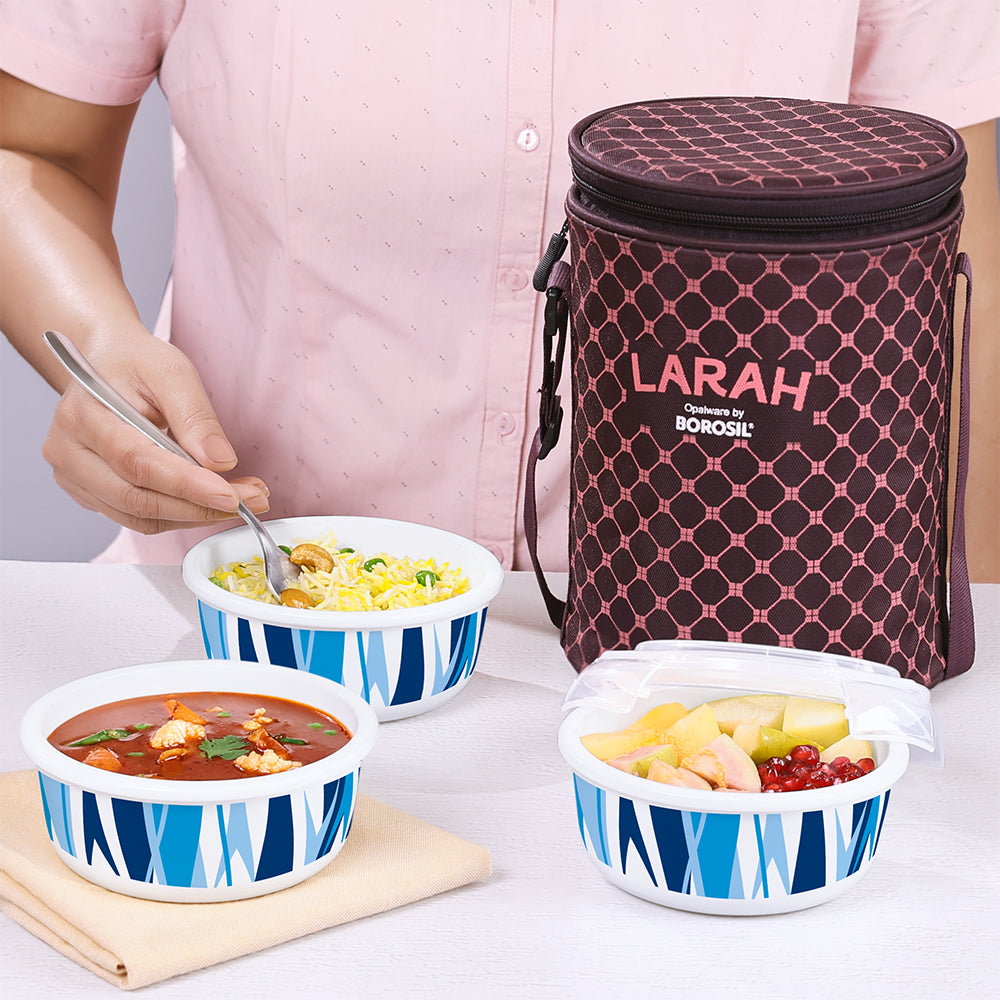 My Borosil Opal Lunchboxes 400 ml x 3 Larah by Borosil Geo Blue Lunchbox, Set of 3