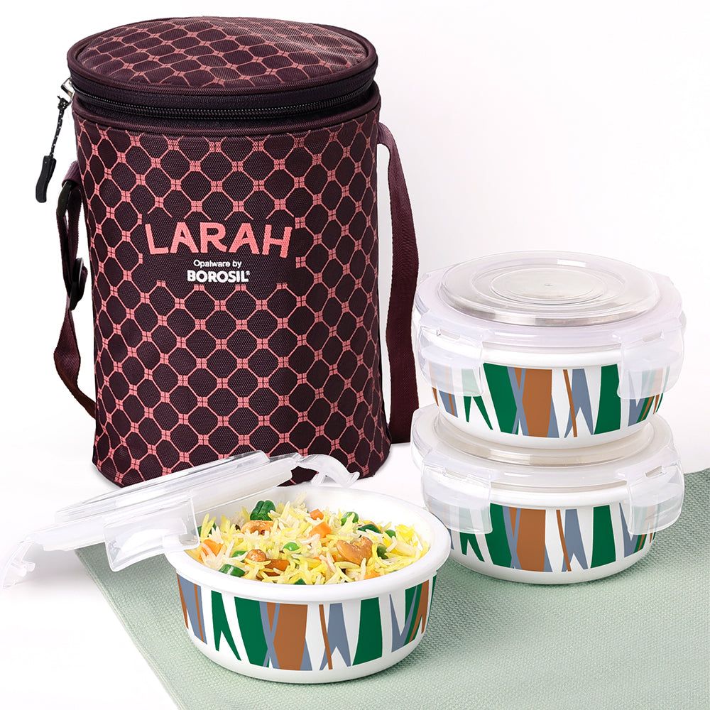 My Borosil Opal Lunchboxes 400 ml x 3 Larah by Borosil Geo Green Lunchbox, Set of 3