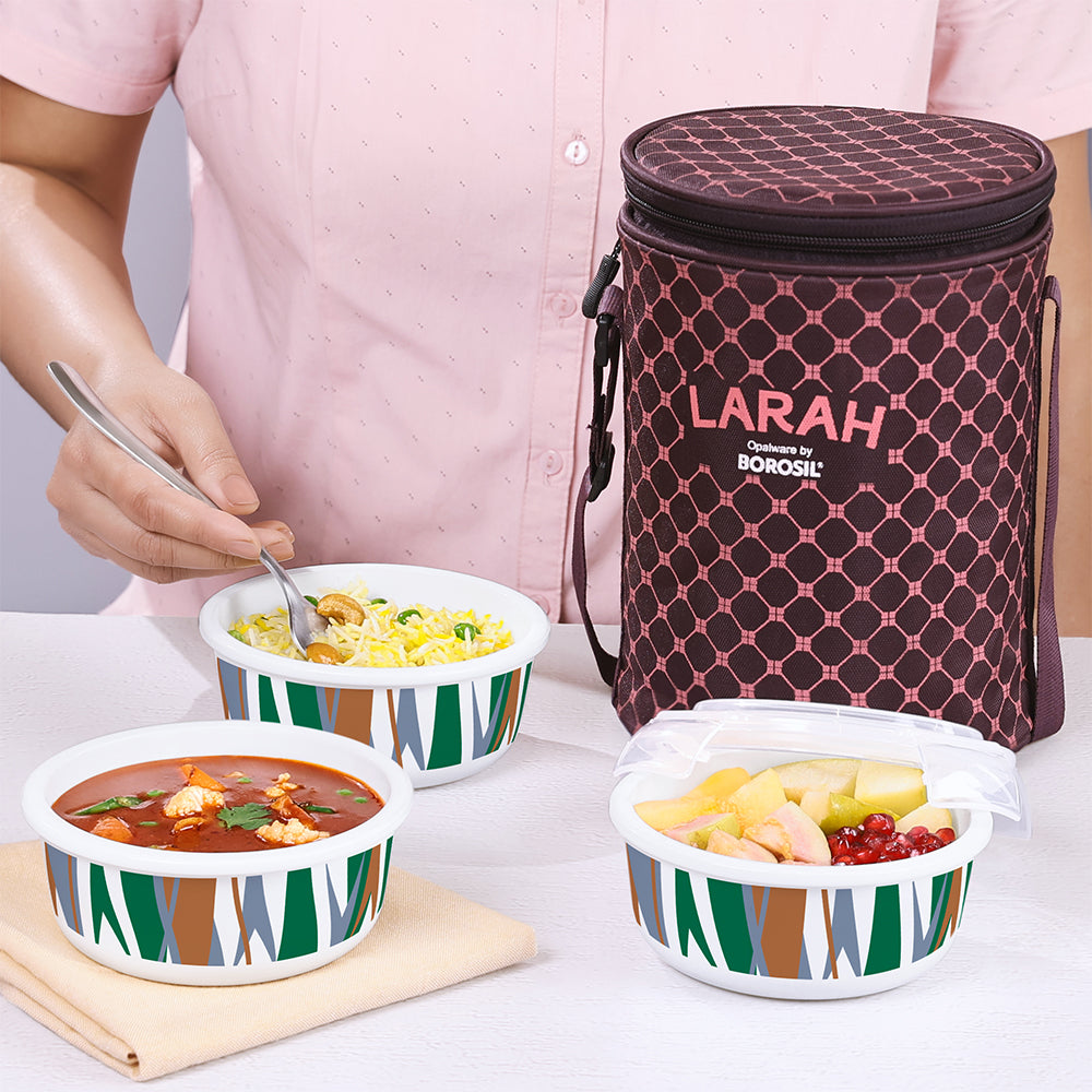 My Borosil Opal Lunchboxes 400 ml x 3 Larah by Borosil Geo Green Lunchbox, Set of 3