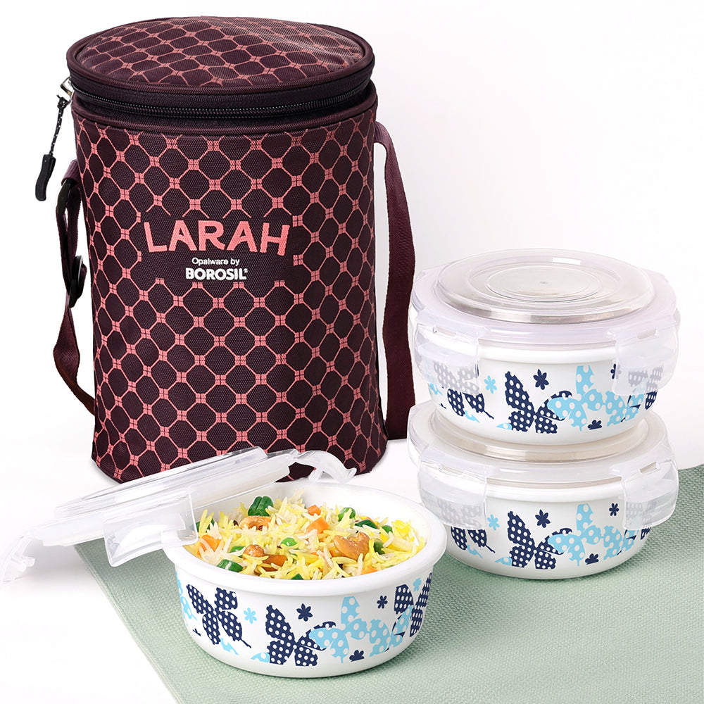 My Borosil Opal Lunchboxes 400 ml x 3 Larah by Borosil Veera Blue Lunchbox, Set of 3