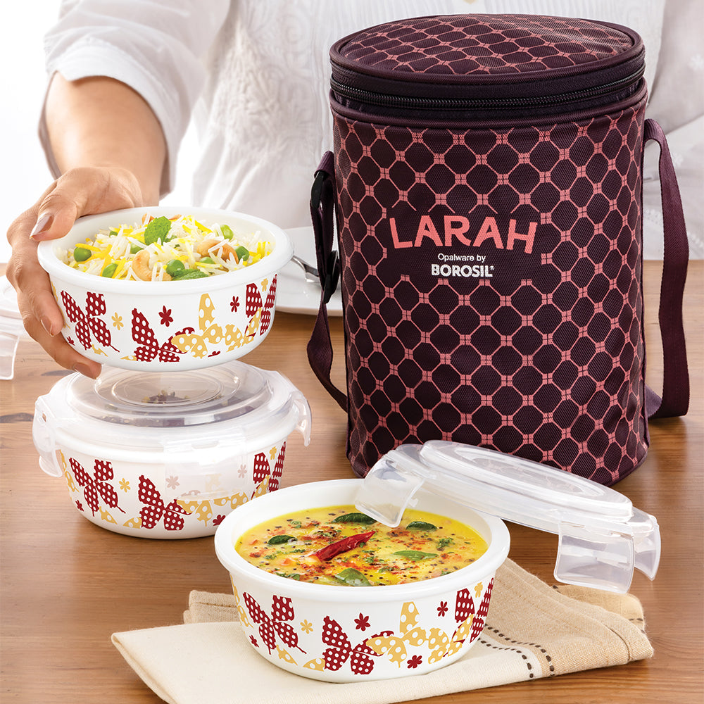 Larah by Borosil Veera Orange Lunchbox, Set of 3, 400ml