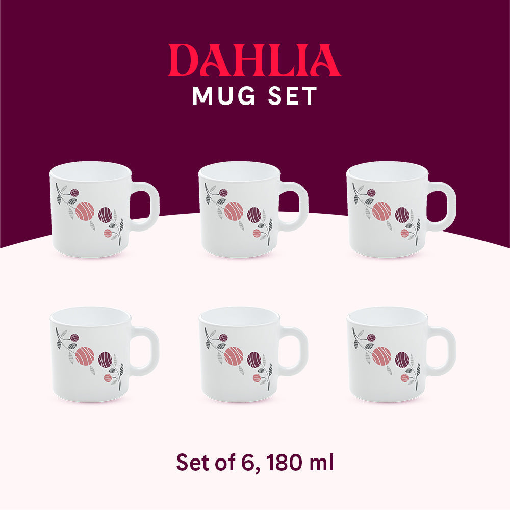 My Borosil Opal Tea Series 180 ml x 6 Larah By Borosil Dahlia Mug Set