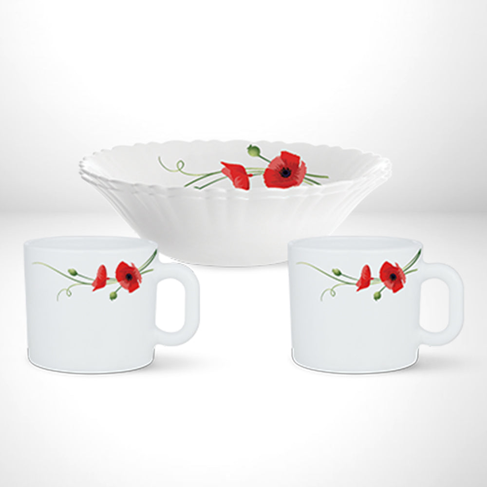 My Borosil Opalware Breakfast & Snack Sets 2 Bowls + 2 Mugs (180ml) Larah by Borosil Red Carnation Chai Nashta Set