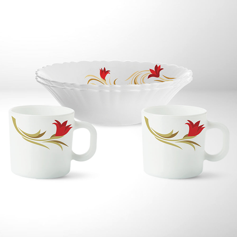 My Borosil Opalware Breakfast & Snack Sets 2 Bowls + 2 Mugs (180ml) Larah by Borosil Red Lily Chai Nashta Set