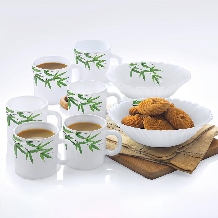 My Borosil Opalware Breakfast & Snack Sets 8 pc Set Larah by Borosil Bamboo Leaves Snack Set w Mugs