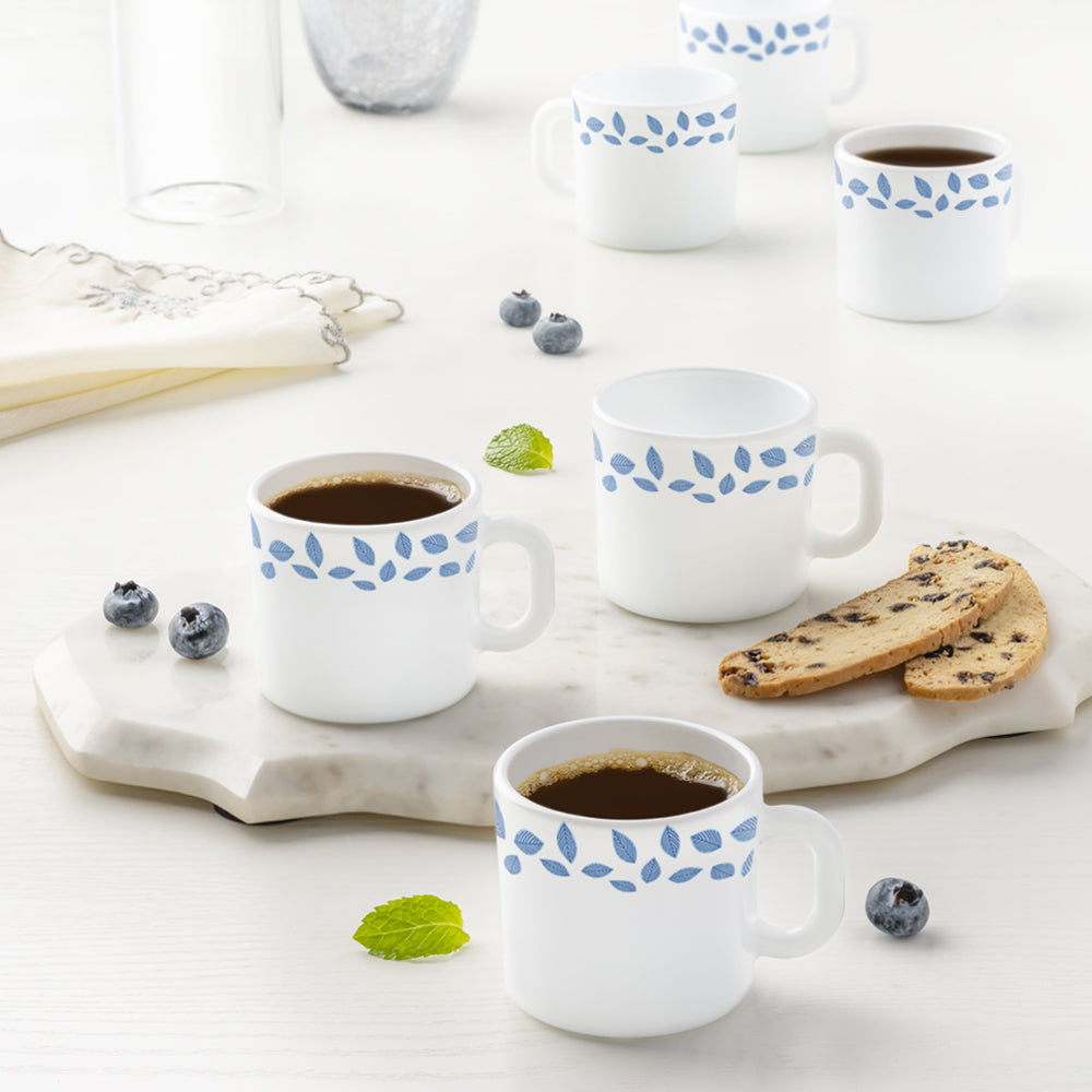 Larah by Borosil Blue Leaves Mug Set, 180ml x 6