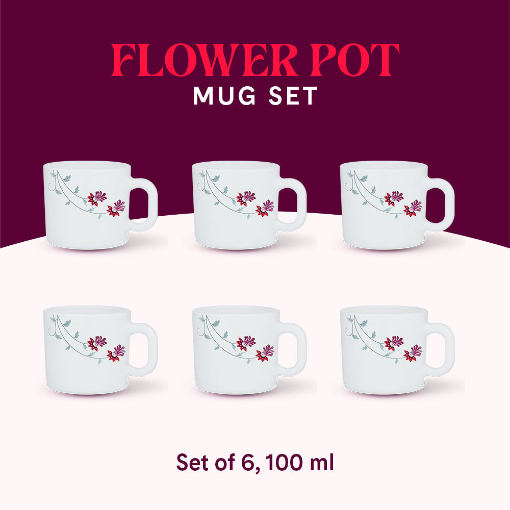 Larah by Borosil Flower Pot Mug Set, 180ml x 6