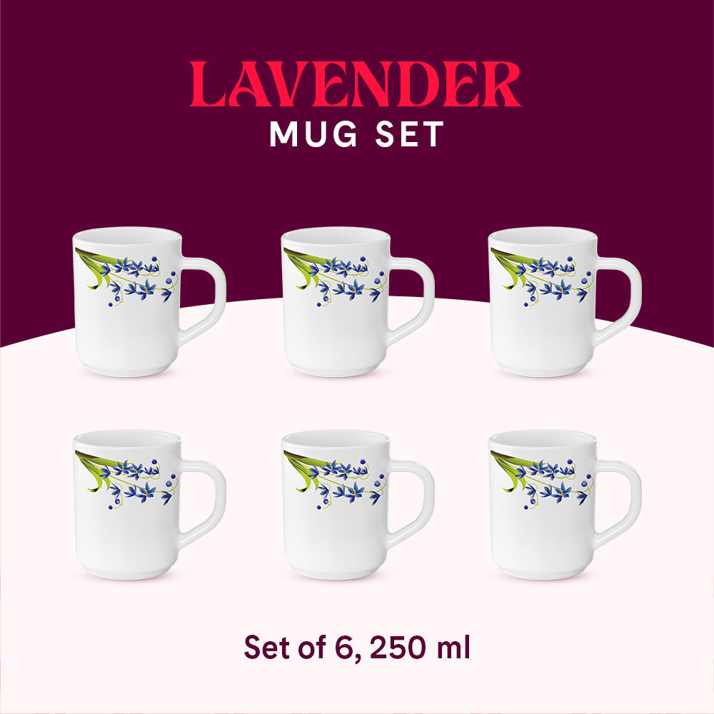 Larah by Borosil Lavender Mug Set, 180ml x 12
