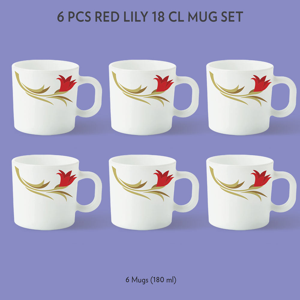 Larah by Borosil Red Lily Mug Set, 180ml x 12