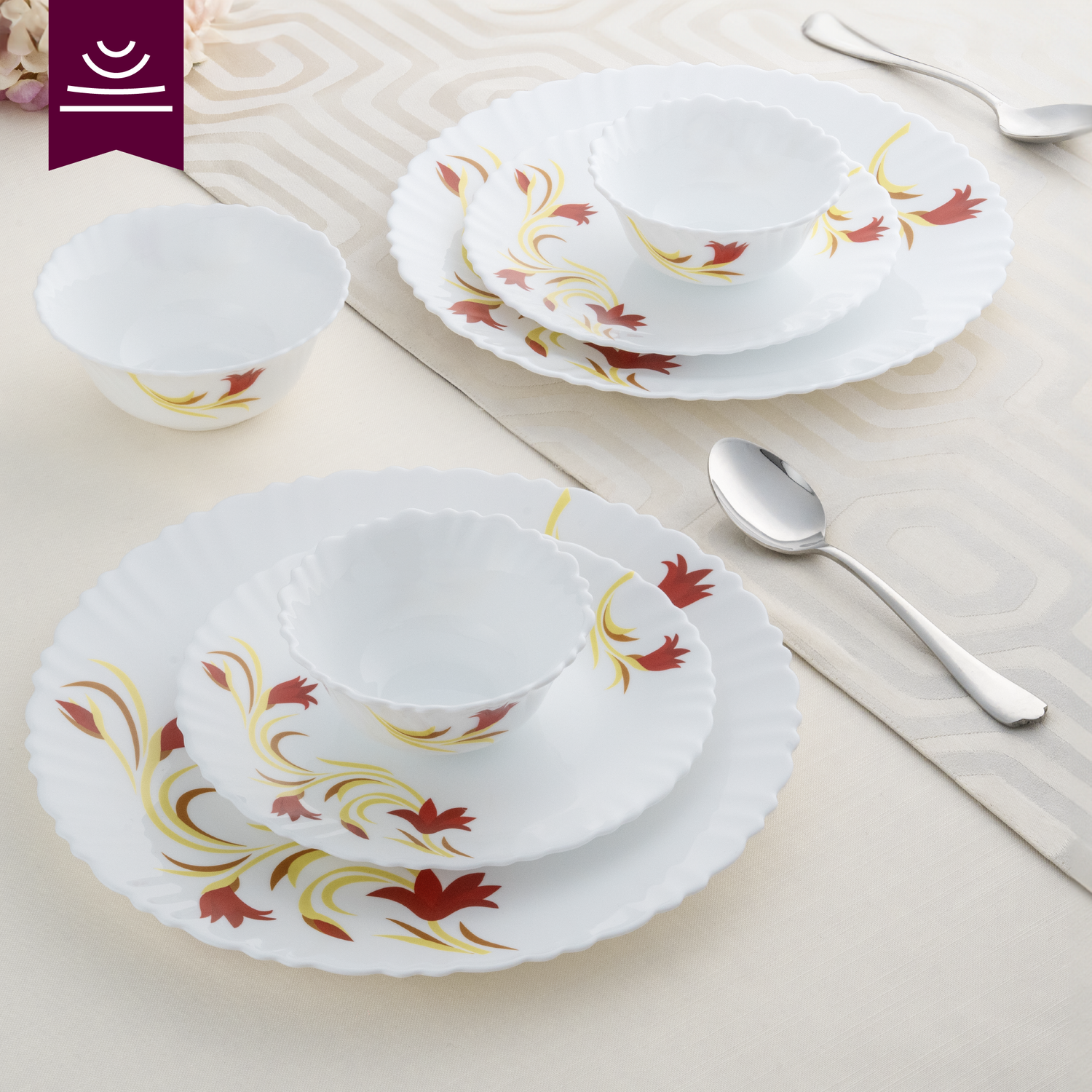 Larah by Borosil Red Lily Dinner Set, 12 pc