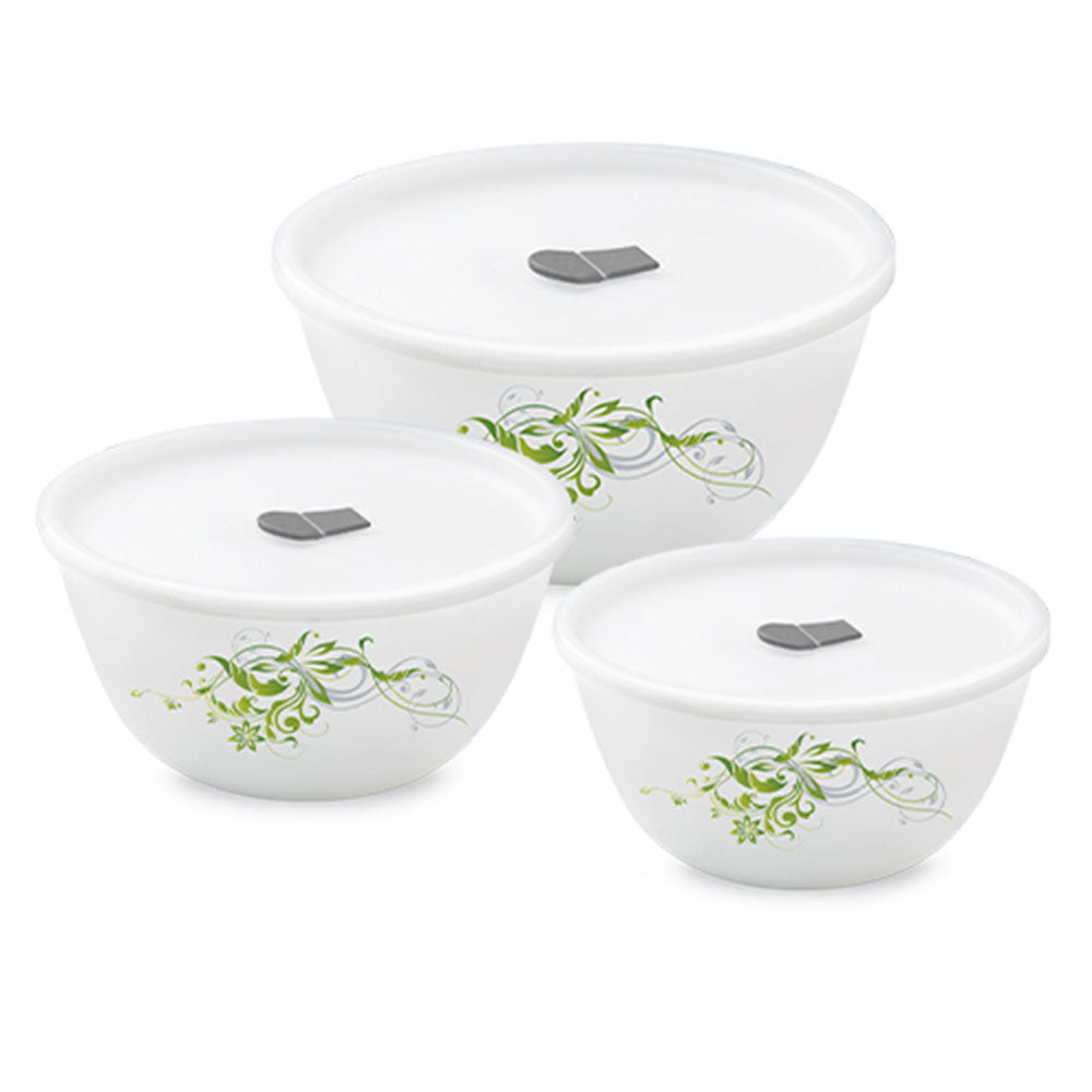 My Borosil Opalware Mixing & Serving Bowls 1.5 L + 1 L + 500 ml Erba Mixing Bowl Set w Lid