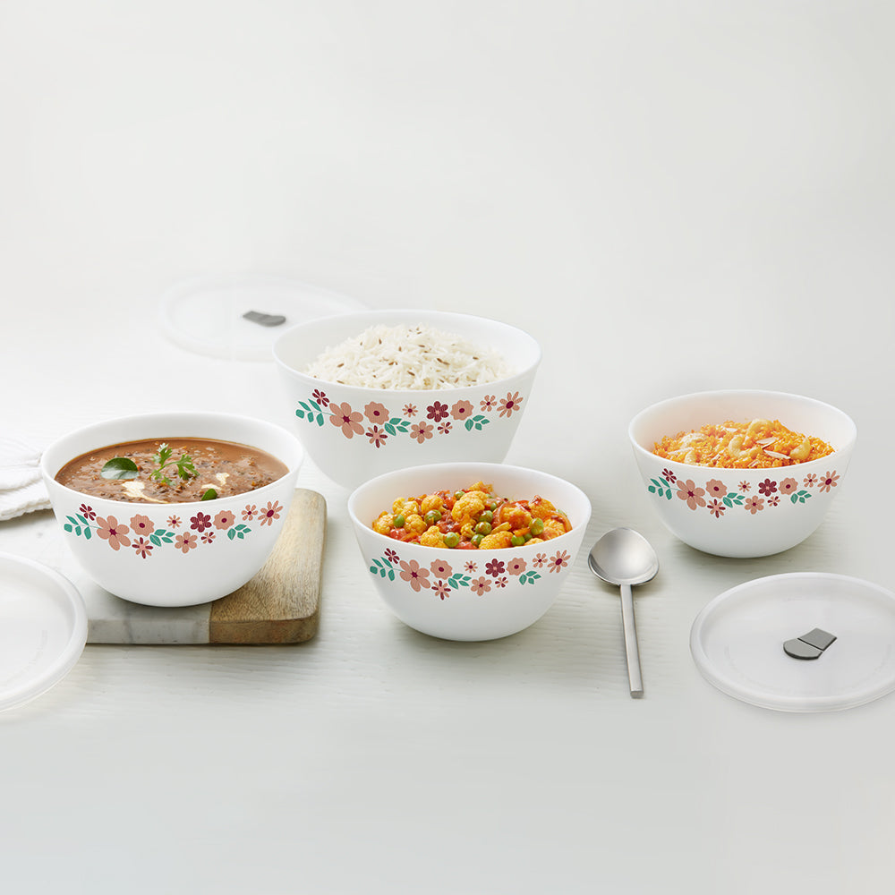 Larah by Borosil Assorted Mixing Bowl Set w Lid, 1.5L + 1L + 750ml + 500ml