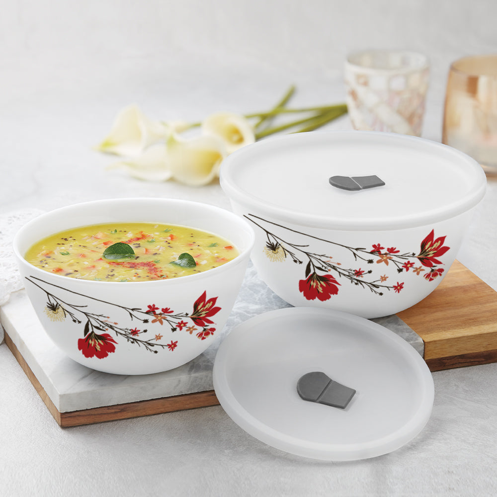 Larah by Borosil Chrys Red Mixing Bowl Set w Lid, 6 pc