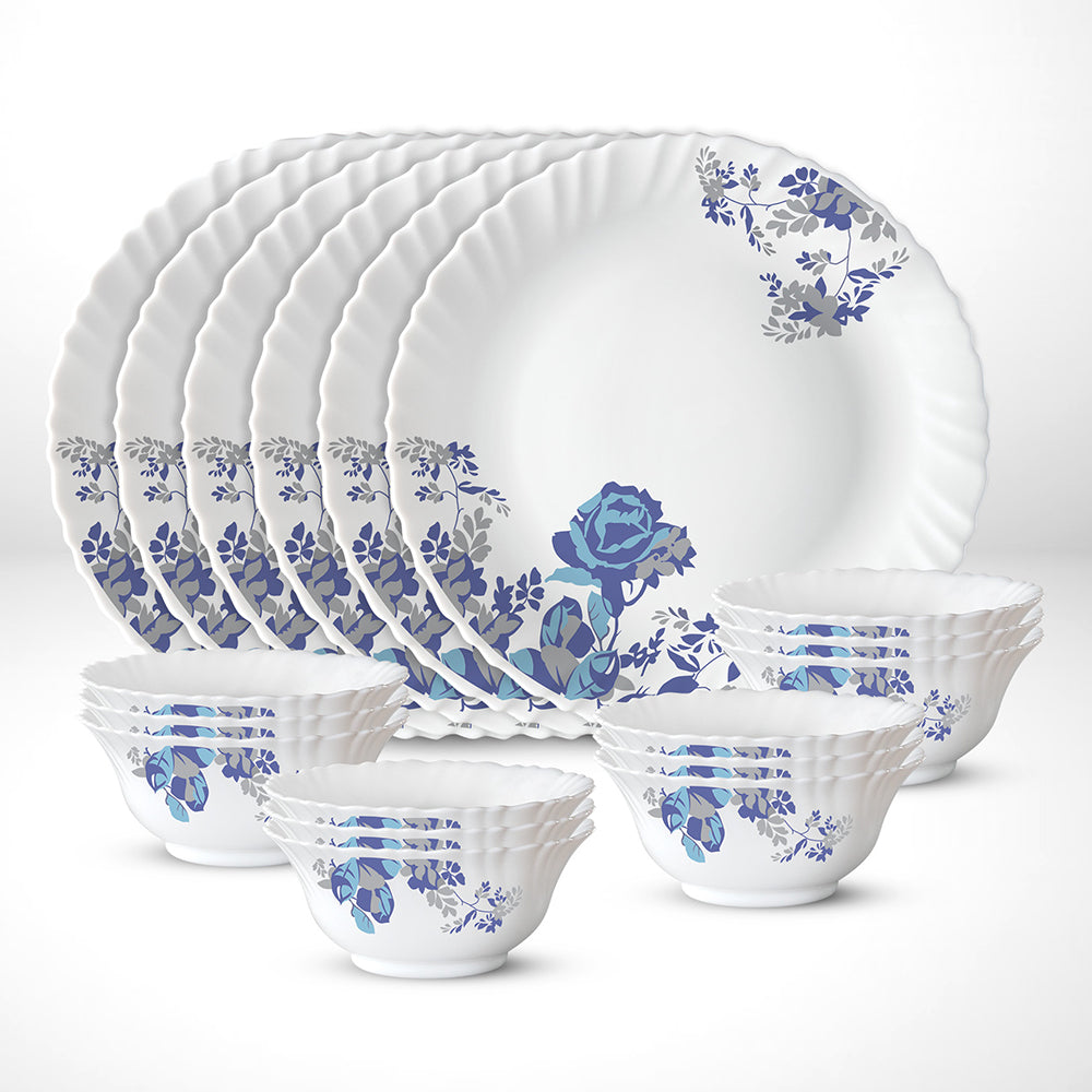 My Borosil Opalware Plate Sets 6 Plates + 12 Bowls Blue Cascade Thali Set