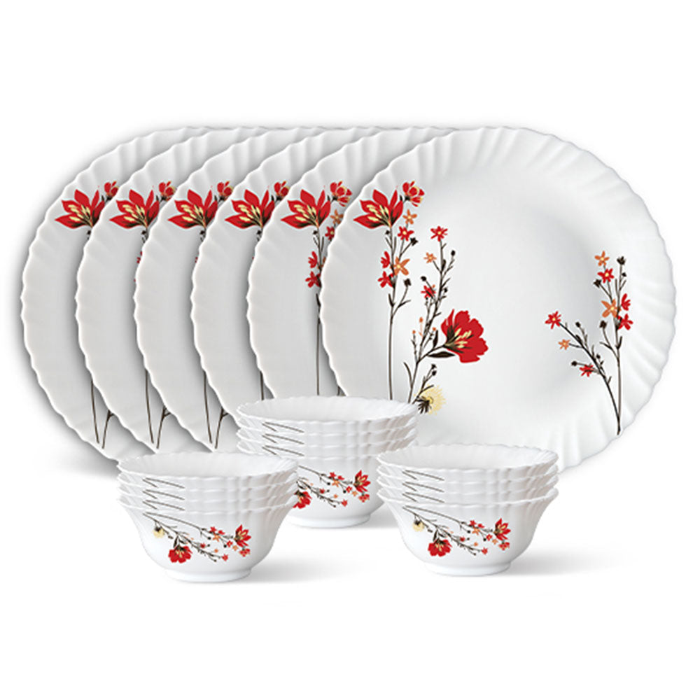 My Borosil Opalware Plate Sets 6 Plates + 12 Bowls Chrys Red Thali Set