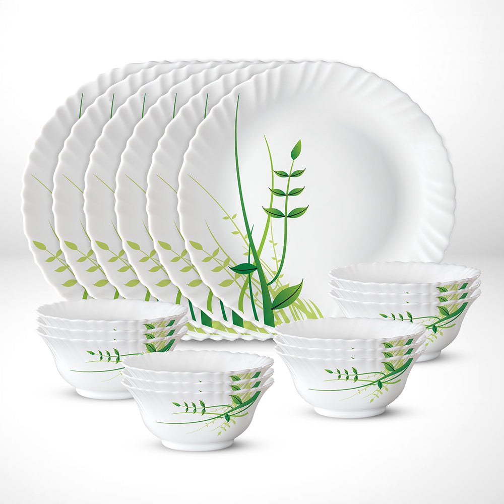 My Borosil Opalware Plate Sets 6 Plates + 12 Bowls Green Herbs Thali Set