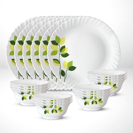 My Borosil Opalware Plate Sets 6 Plates + 12 Bowls Green Leaves Thali Set