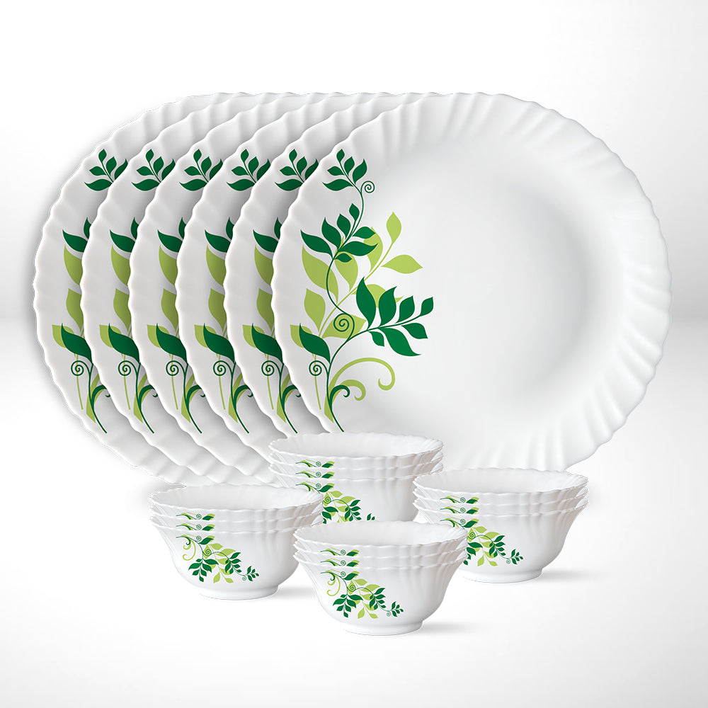 Larah by Borosil Fern Thali Set, 6 Plates + 12 Bowls