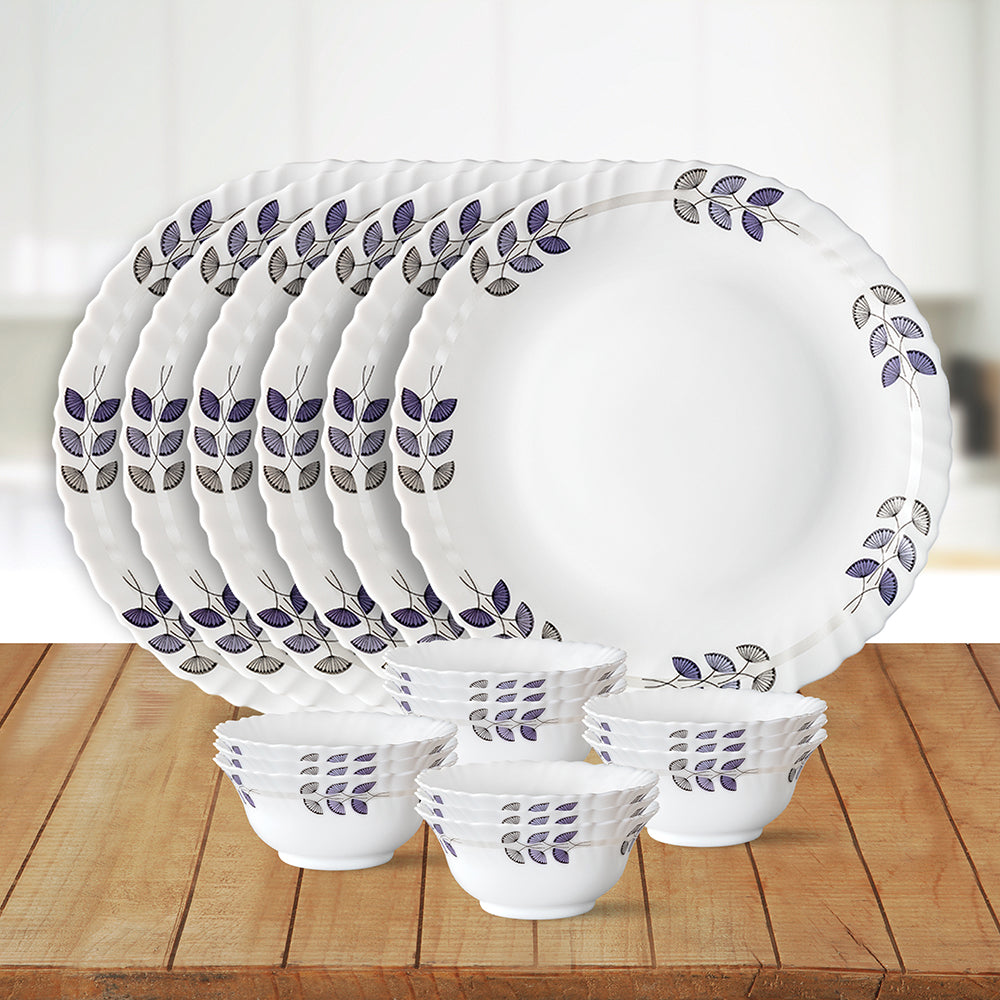 Larah by Borosil Floret Thali Set, 6 Plates + 12 Bowls