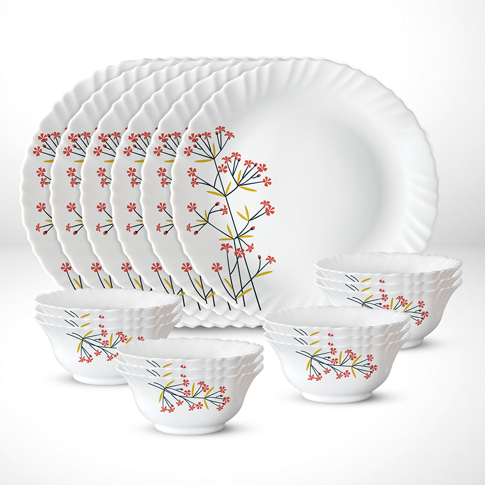 My Borosil Opalware Plate Sets 6 Plates + 12 Bowls Red Bud Thali Set