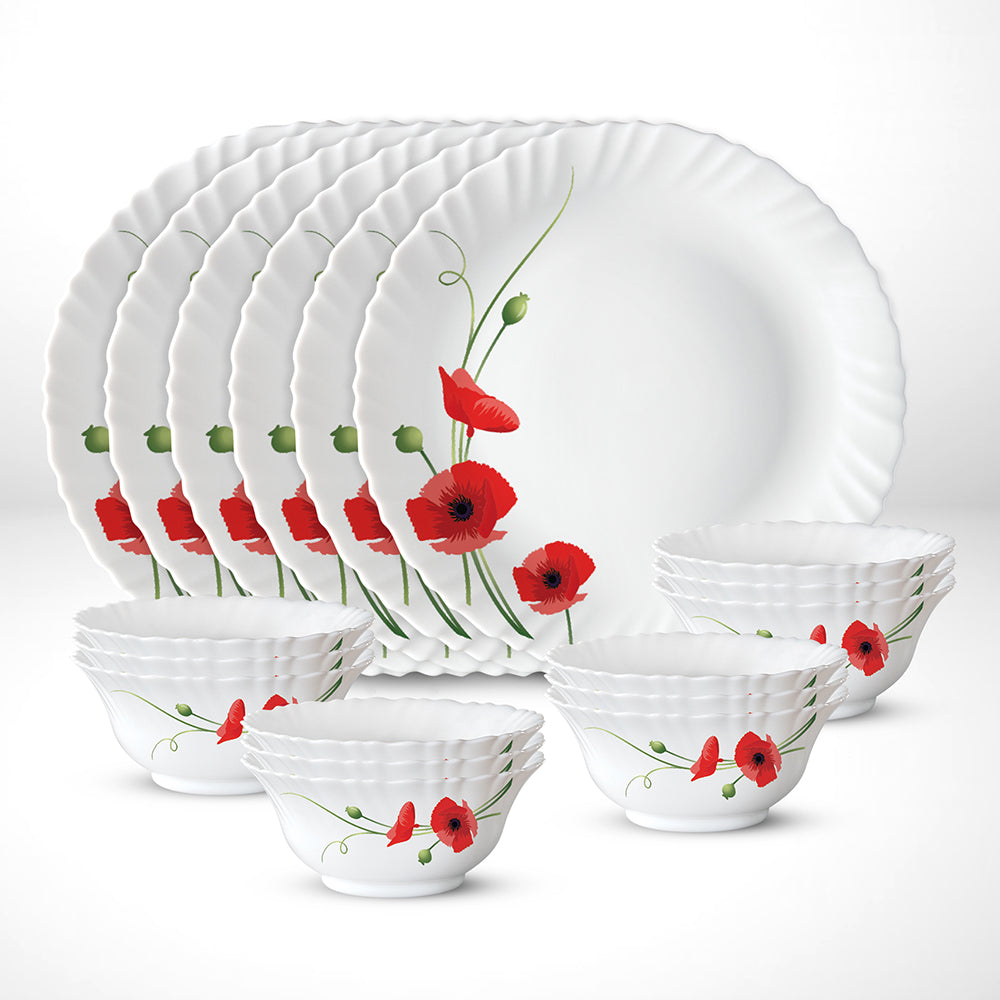 Larah Red Carnation Thali Set, 6 Plates + 12 Bowls