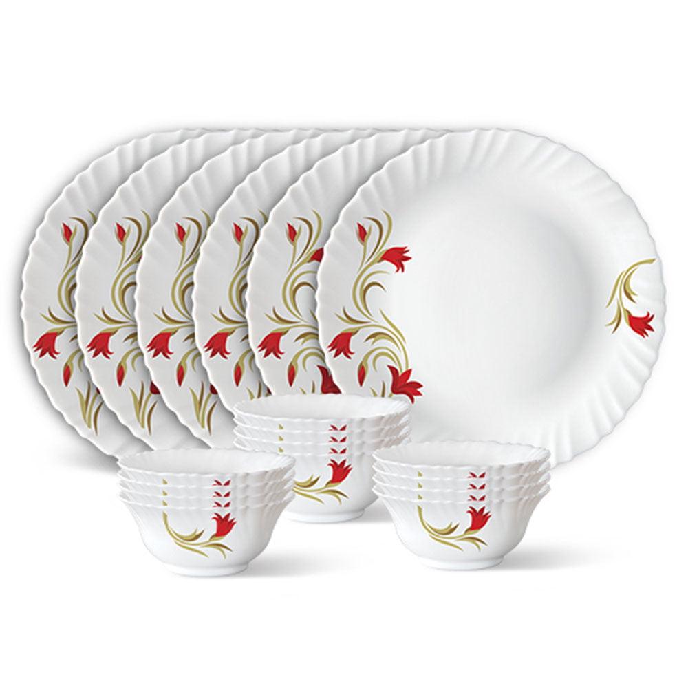 My Borosil Opalware Plate Sets 6 Plates + 12 Bowls Red Lily Thali Set