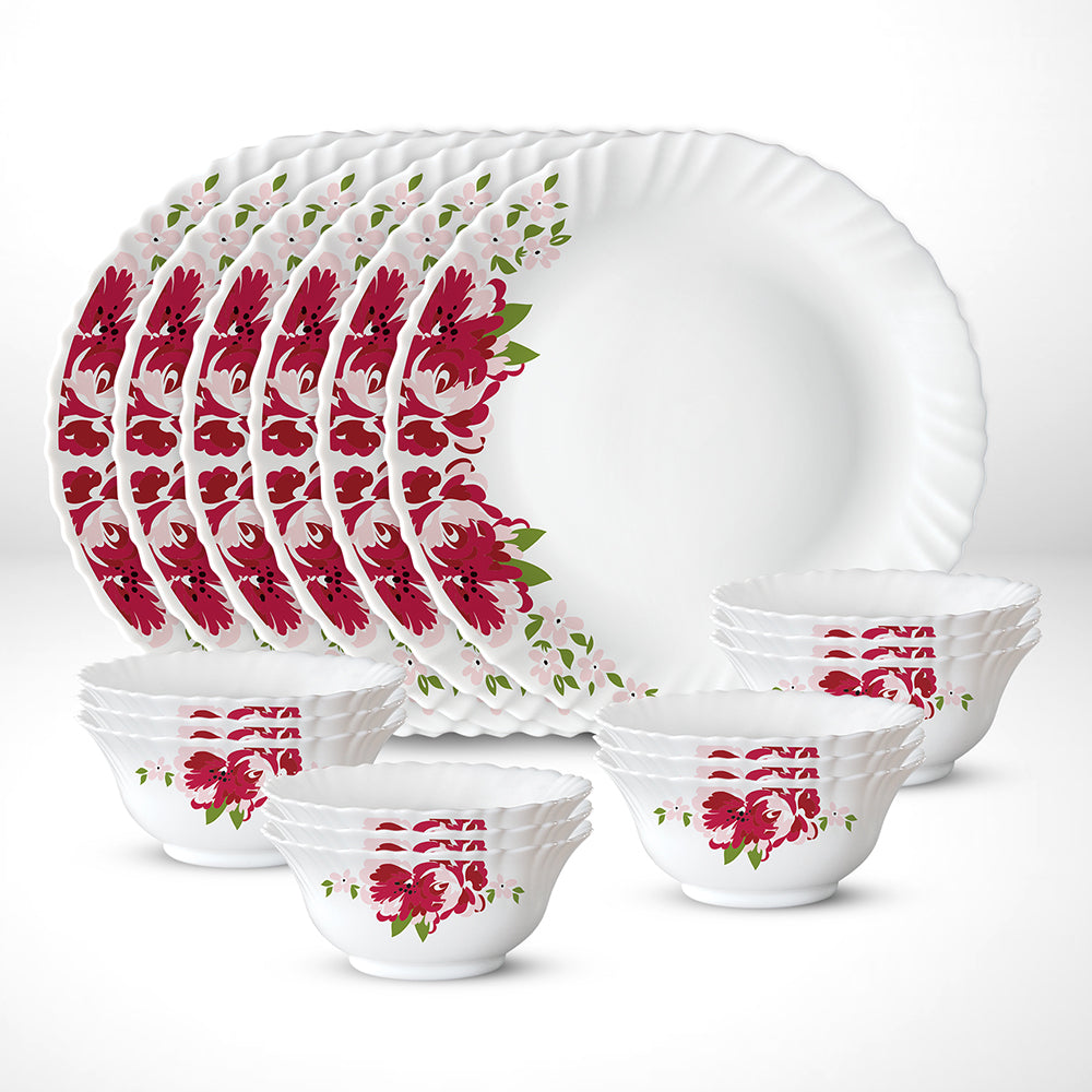 My Borosil Opalware Plate Sets 6 Plates + 12 Bowls Rose Red Thali Set