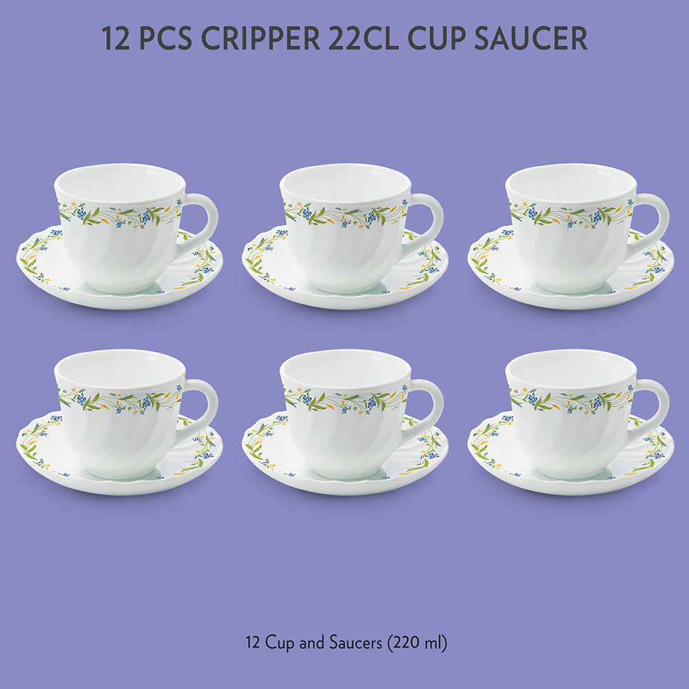 Larah by Borosil Blue Leaves Cup n Saucer Set, 220ml x 12
