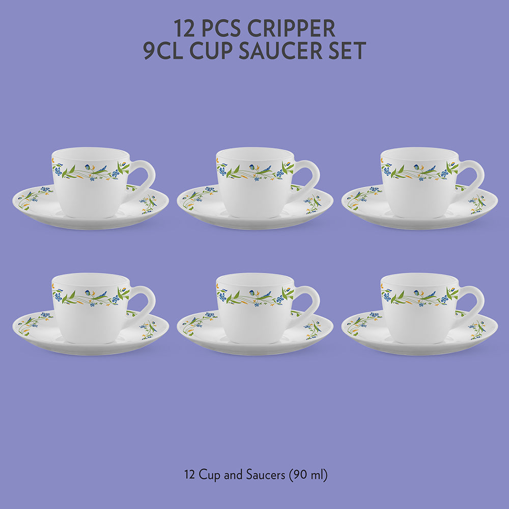 Larah by Borosil Blue Leaves Cup n Saucer Set, 220ml x 12