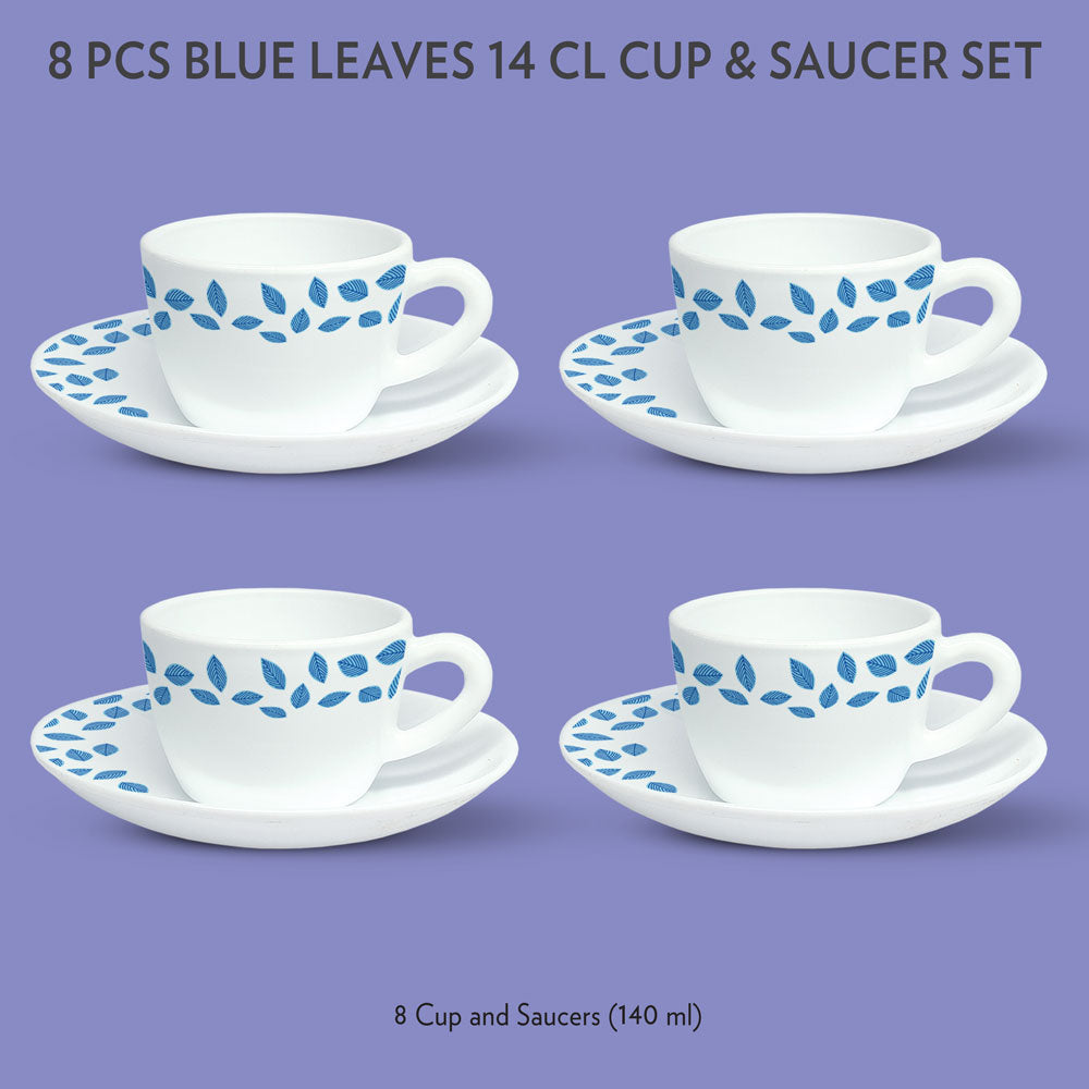 Larah by Borosil Blue Leaves Cup n Saucer Set, 220ml x 12