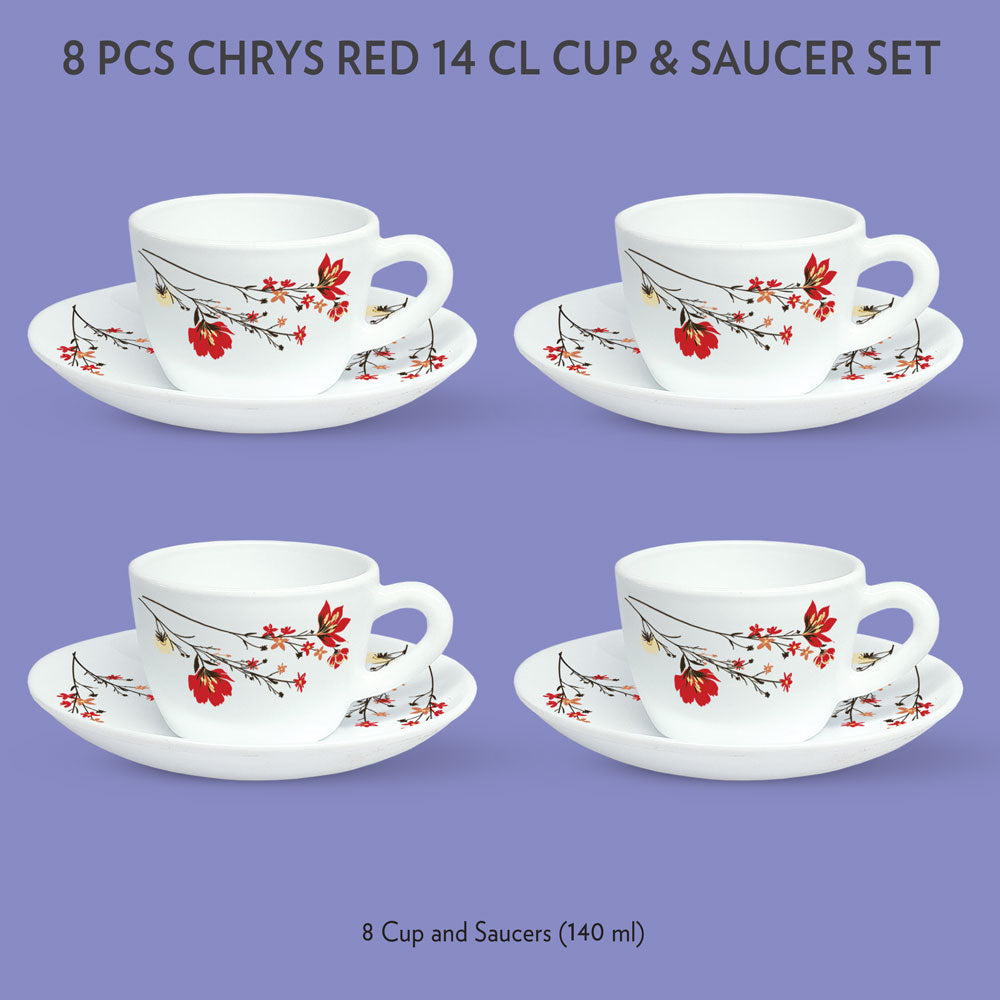 Larah by Borosil Chrys Red Cup n Saucer Set, 140ml x 8