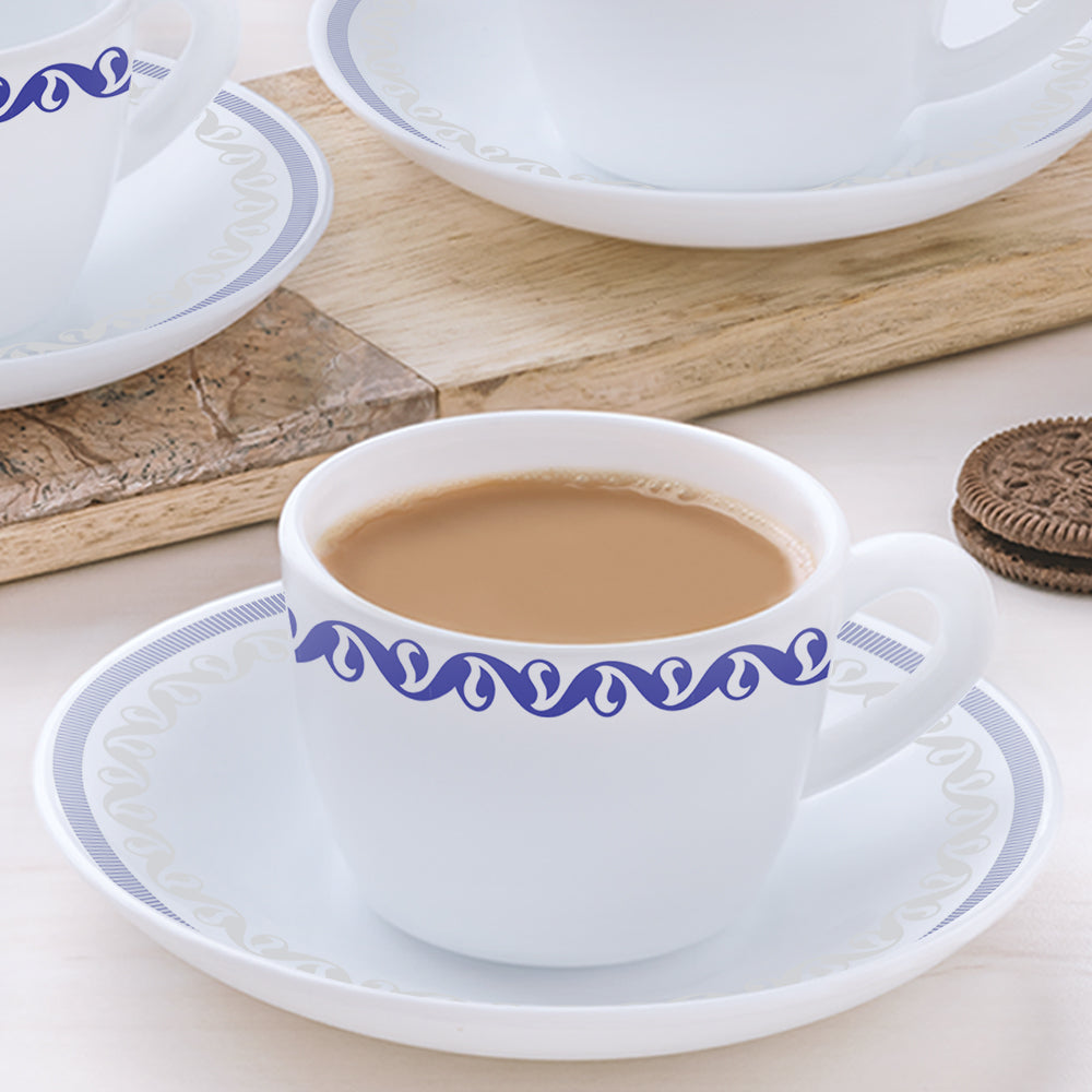 Larah by Borosil Jazzblue Cup n Saucer Set, 140ml x 8