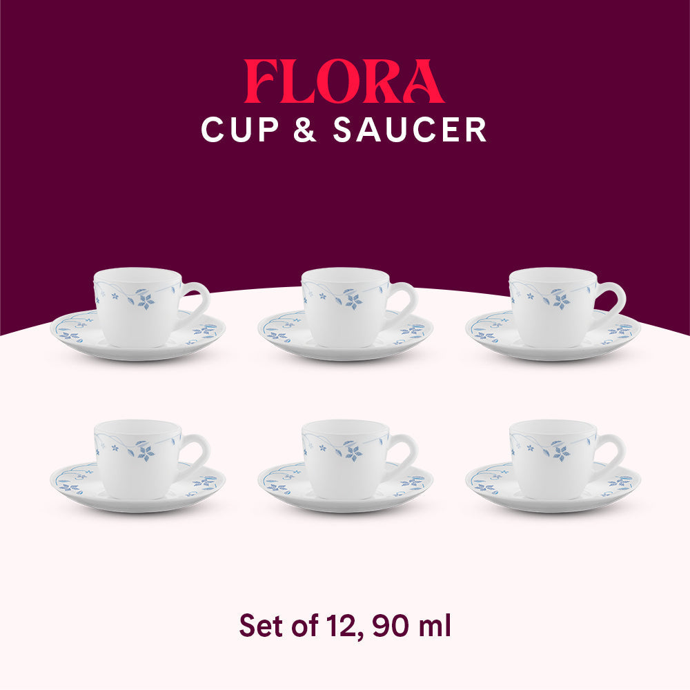 Larah by Borosil Flora Cup n Saucer Set, 140ml x 12