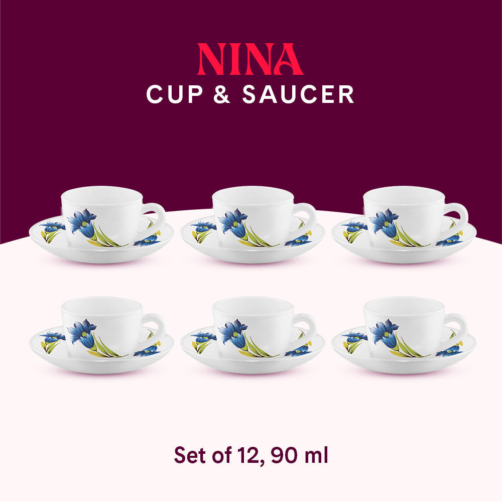 Larah by Borosil Nina Cup n Saucer Set, 140ml x 8
