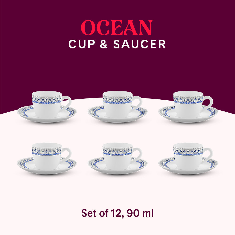 Larah by Borosil Ocean Cup n Saucers Set, 220ml x 12