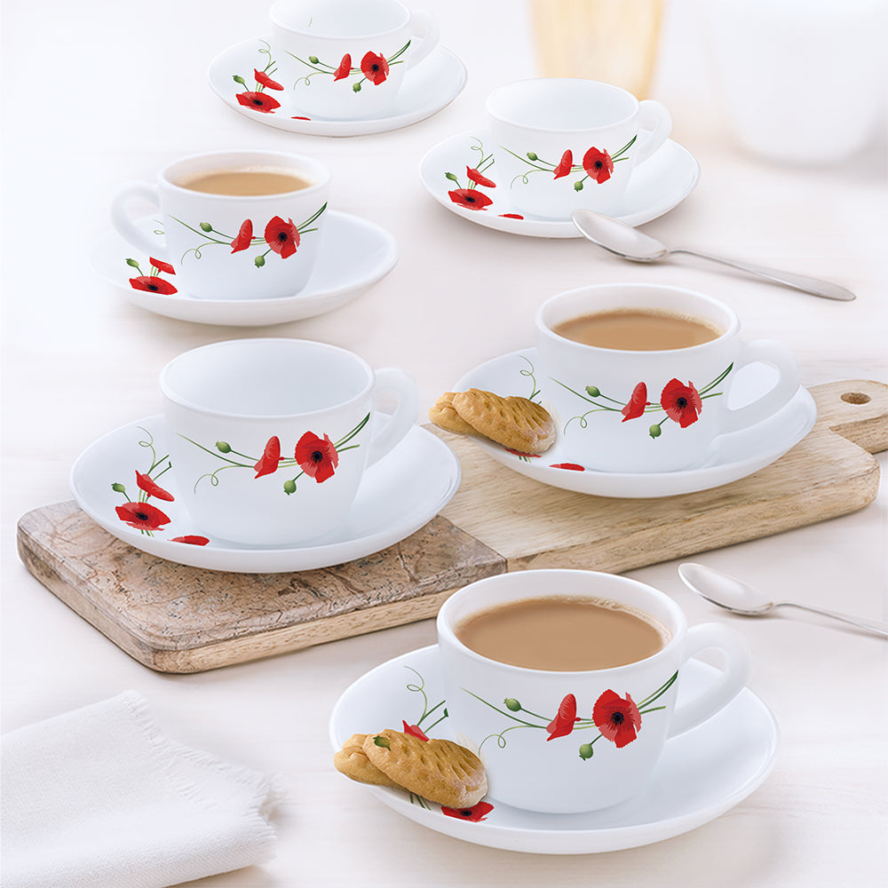 Larah by Borosil Red Carnation Cup n Saucer Set, 140ml x 12