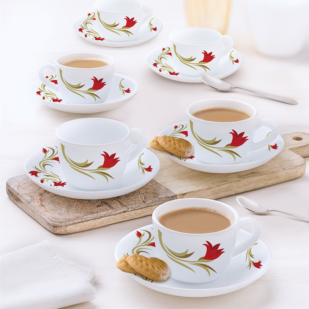Larah by Borosil Red Lily Cup n Saucer Set, 140ml x 12