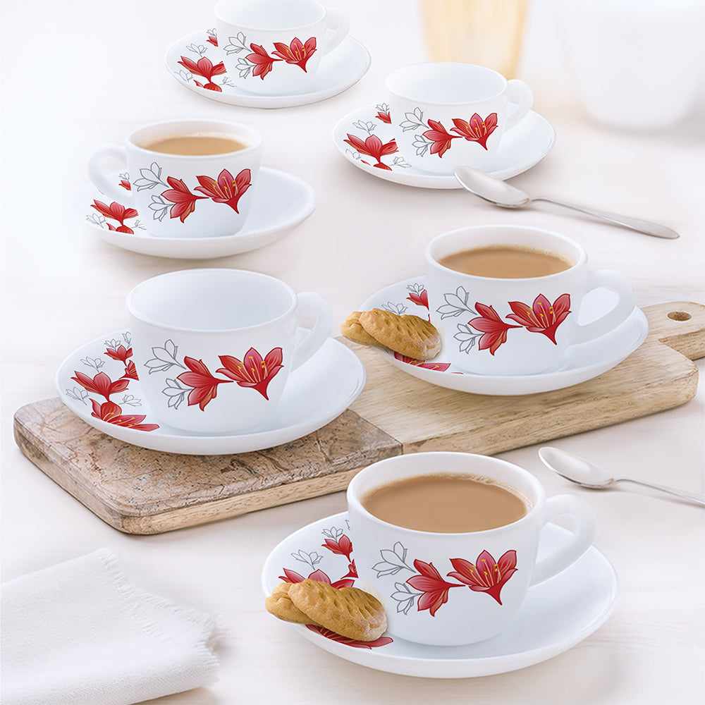 Larah by Borosil Ruby Cup n Saucer Set, 140ml x 12