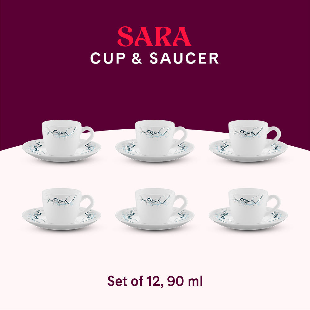 Larah by Borosil Sara Cup n Saucers Set, 140ml x 12