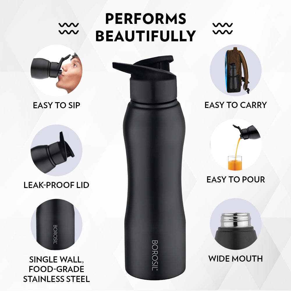 My Borosil Stainless Steel Bottles 1 L Borosil Grip n Sip Black, Personalise