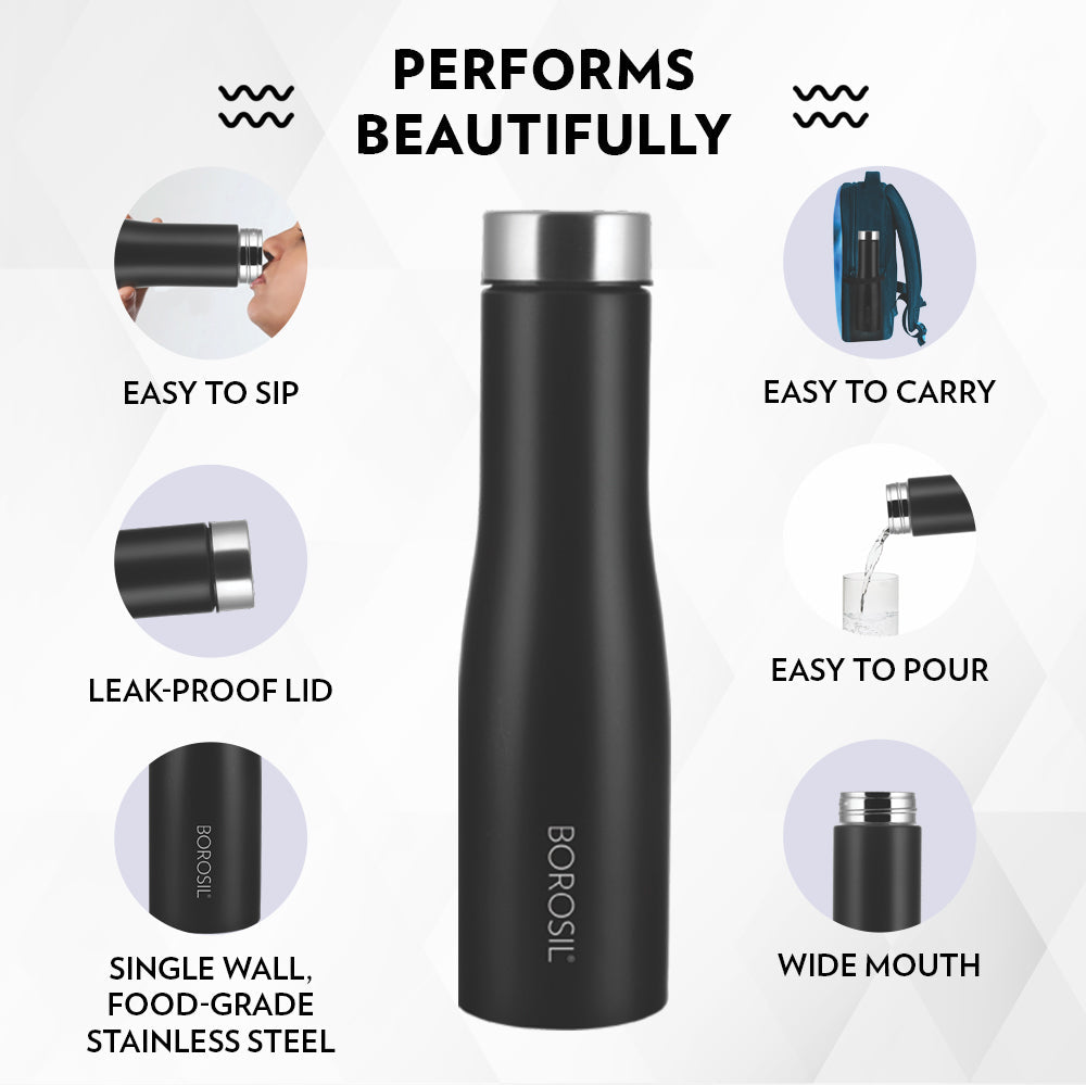 My Borosil Stainless Steel Bottles 1 L Swan Bottle, Black